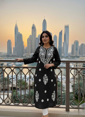 khamsahh Women Embroidered Straight Kurta(Black)