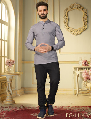 Harekrishna creation Men Striped A-line Kurta(Grey)