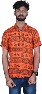 NIAK Men Printed Straight Kurta(Orange)