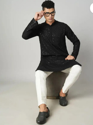 Fashion HR Men Embroidered Straight Kurta(Black)
