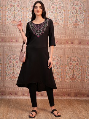 Vishudh Women Embroidered A-line Kurta(Black)