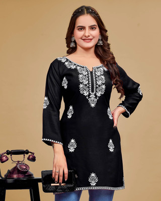 Kalavrund Creation Women Chikan Embroidery Straight Kurta(Black)