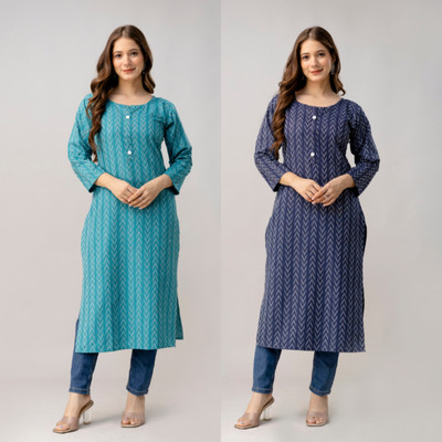 SarojAttire Women Geometric Print, Self Design A-line Kurta(Dark Blue, Green)