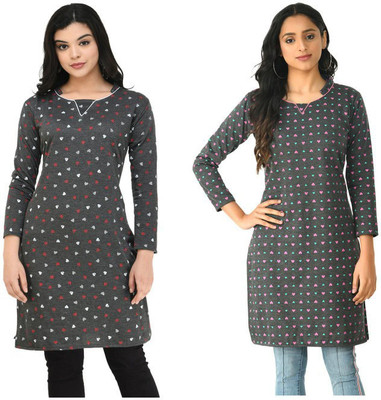 Indeweaves Women Floral Print A-line Kurta(Grey)