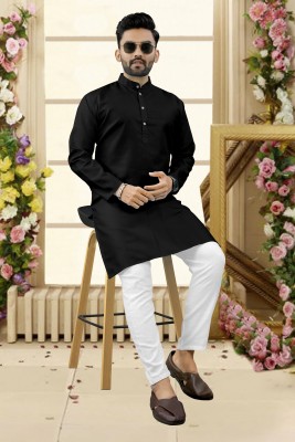 kanha creation Men Solid Straight Kurta(Black)