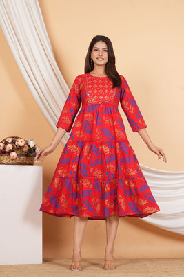 LABANIYA Women Printed Anarkali Kurta(Red)