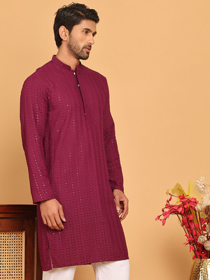 ANOUK Men Embellished Straight Kurta(Purple)