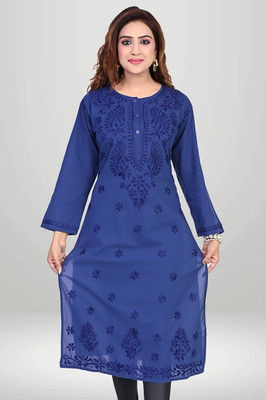 Virtuore Women Embroidered A-line Kurta(Dark Blue)