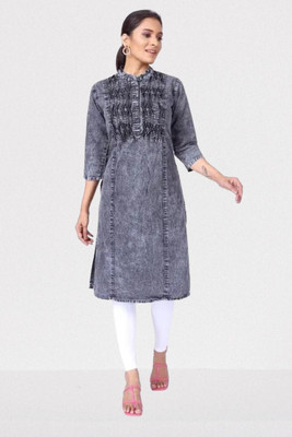 Kaykay Studio Women Embroidered Straight Kurta(Grey)