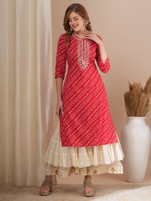 Fashor Women Printed Straight Kurta(Red)