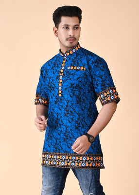 NFC CREATION Men Printed Straight Kurta(Blue)