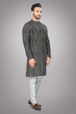 JUGG JUGG JEEYO Men Printed Straight Kurta(Black)