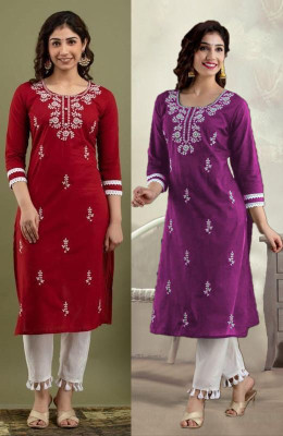 SISTO Women Chikan Embroidery Straight Kurta(Red, Purple)