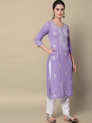 ANGITA Women Chikan Embroidery A-line Kurta(Purple)