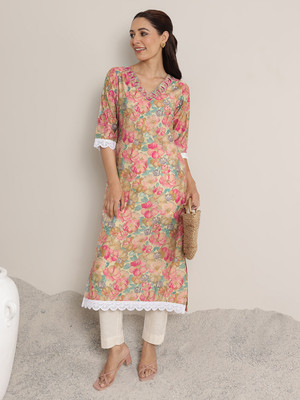 LIBAS Women Printed Straight Kurta(Pink)