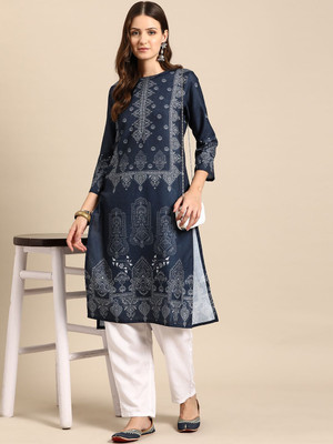 ANOUK Women Printed Straight Kurta(Dark Blue)