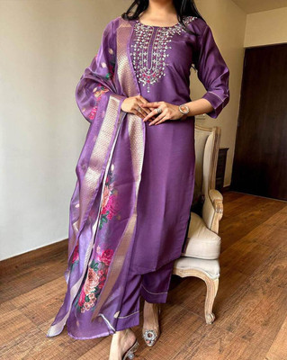 BALAAD CREATION Women Solid, Embroidered, Floral Print, Woven Design, Embellished Straight Kurta(Purple)