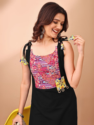 Youthnic Women Printed Straight Kurta(Black)