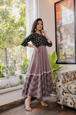 INDI INSIDE Women Block Print Anarkali Kurta(Grey)