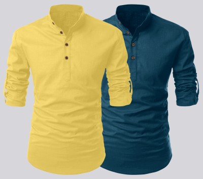 FOLGEN Men Solid Casual Yellow, Blue Shirt(Pack of 2)