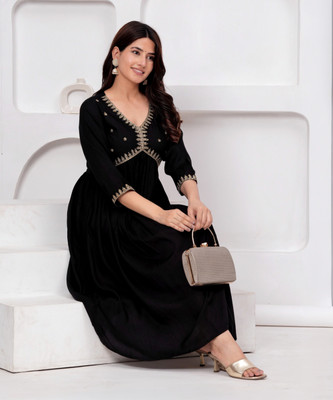 ZAFRAAN Women Embroidered Anarkali Kurta(Black)