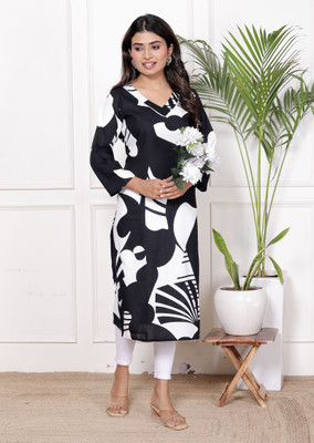 aashub Women Printed A-line Kurta(Black)