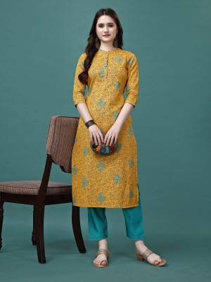 berrylicious Women Floral Print Straight Kurta(Yellow, Green, Black)