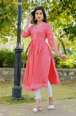WOMENISHKURTI Women Printed A-line Kurta(Pink)