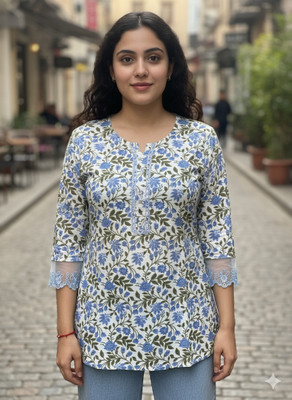 Anhui Women Floral Print Straight Kurta(Blue)