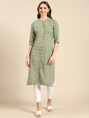 SHOWOFFFF Women Printed Straight Kurta(Green)