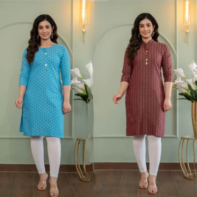 AOSLY Women Printed Straight Kurta(Blue, Maroon)