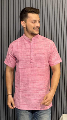rj collection Men Self Design Straight Kurta(Pink)