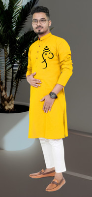 Mamta Bisswas Men Printed Straight Kurta(Yellow)
