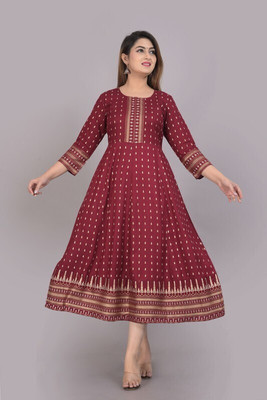 Smein Women Printed Flared Kurta(Maroon)