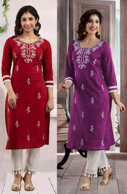 SISTO Women Chikan Embroidery Straight Kurta(Multicolor)