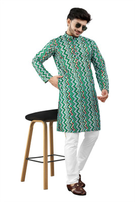 DHASU TRENDZ Men Printed Straight Kurta(Green, Multicolor)