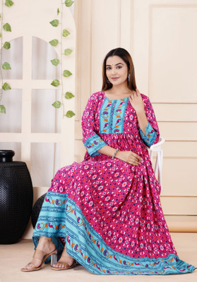 MANOJAVA Women Printed Anarkali Kurta(Pink)