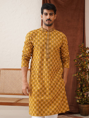 Jompers Men Embroidered Straight Kurta(Yellow)