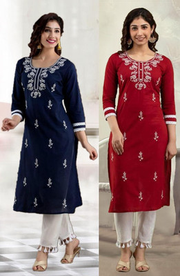 vikshi Women Chikan Embroidery A-line Kurta(Multicolor)