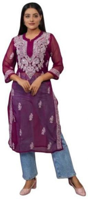 Classic Wear Women Chikan Embroidery Straight Kurta(Maroon)