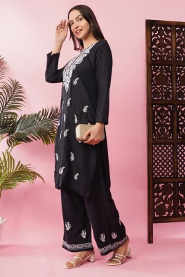 zhouse Women Embroidered A-line Kurta(Black)