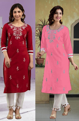 vikshi Women Chikan Embroidery Straight Kurta(Multicolor)