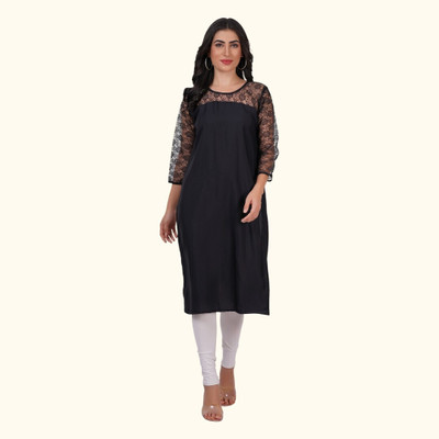 Adgood fashion Women Printed Straight Kurta(Black)