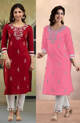 HouseOfCommon Women Embroidered Straight Kurta(Multicolor)