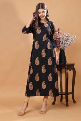 Kaina Creations Women Printed A-line Kurta(Gold, Black)