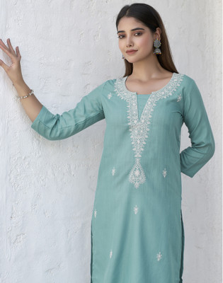 Skylee Women Chikan Embroidery, Embellished, Dyed/Ombre, Self Design Straight Kurta(Blue, White)