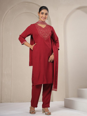 Span Women Self Design, Printed Straight Kurta(Red)