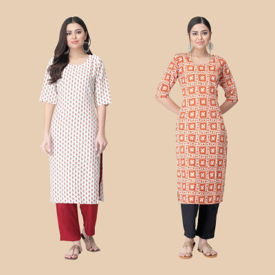 1 Stop Fashion Women Printed Straight Kurta(Orange, White, Red)