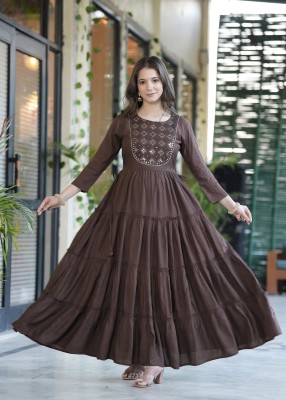 saloni creation Women Embroidered Anarkali Kurta(Brown)