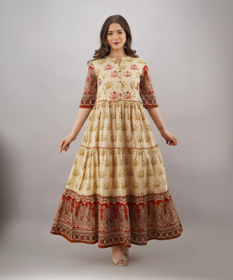 Myaza Women Printed Gown Kurta(Beige)